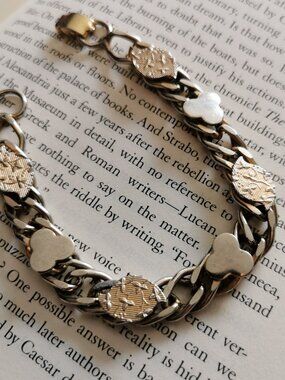 Retro 7" Chunky Bracelet Double Link Clover Textured Two Tone Silver-Tone